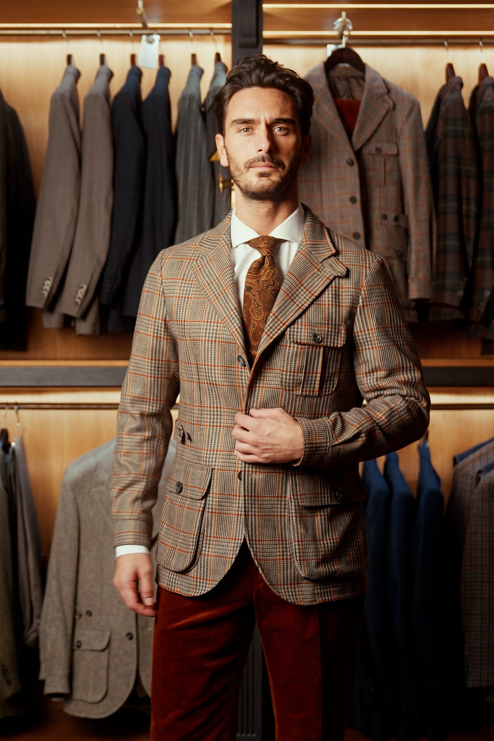 The Safari Jacket, beige and orange Prince of Wales check – worn in the shop