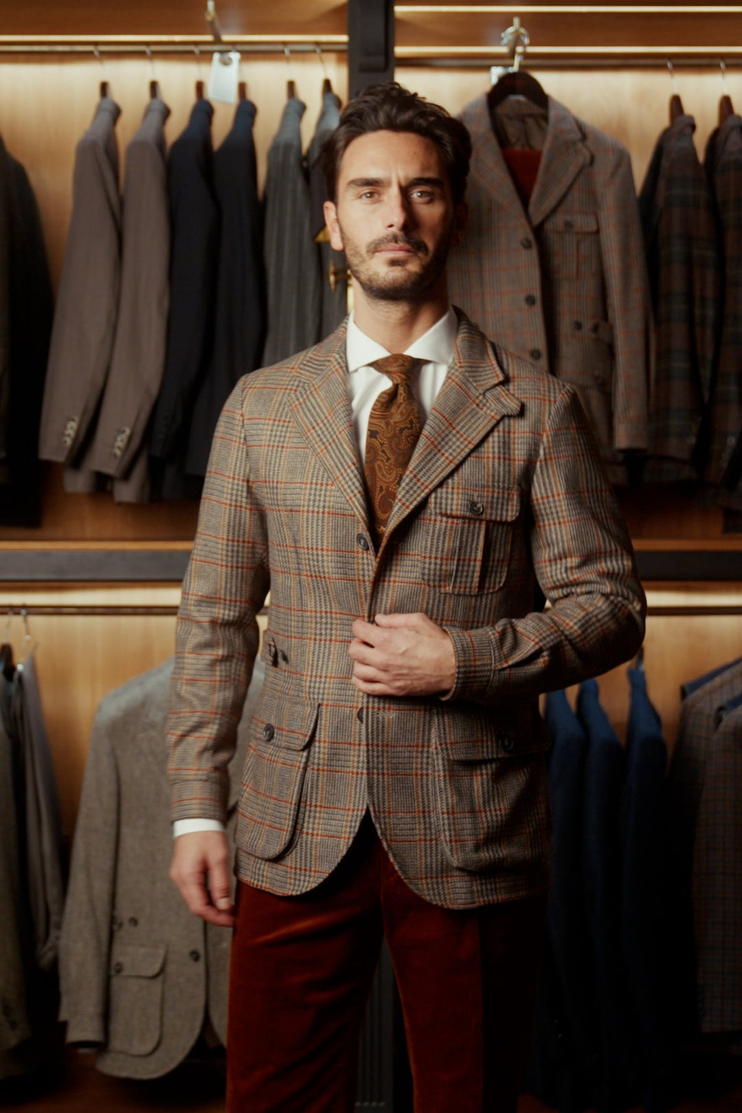The Waistcoat – Beige and orange Prince of Wales check