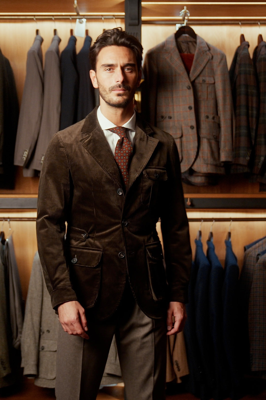 The Safari Jacket, deep green wide-wale corduroy – worn in the shop