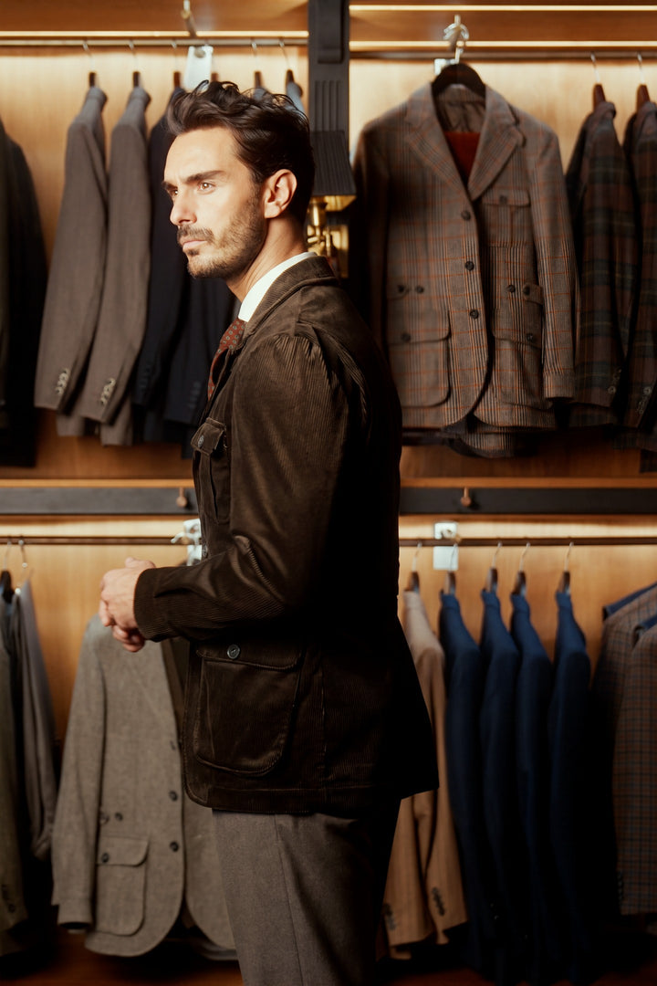 The Safari Jacket, deep green wide-wale corduroy – worn in the shop