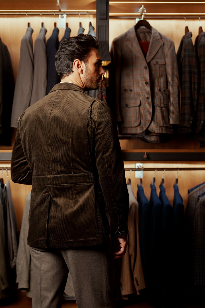 The Safari Jacket, deep green wide-wale corduroy – worn in the shop