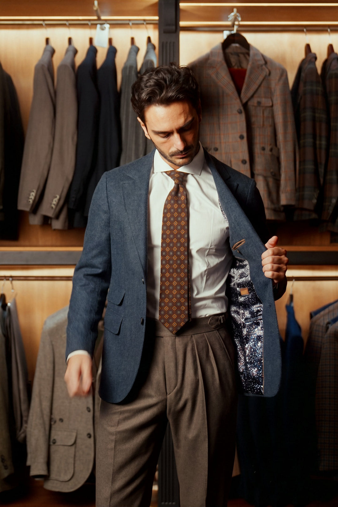 La Turin, navy and sky blue herringbone – worn in the shop