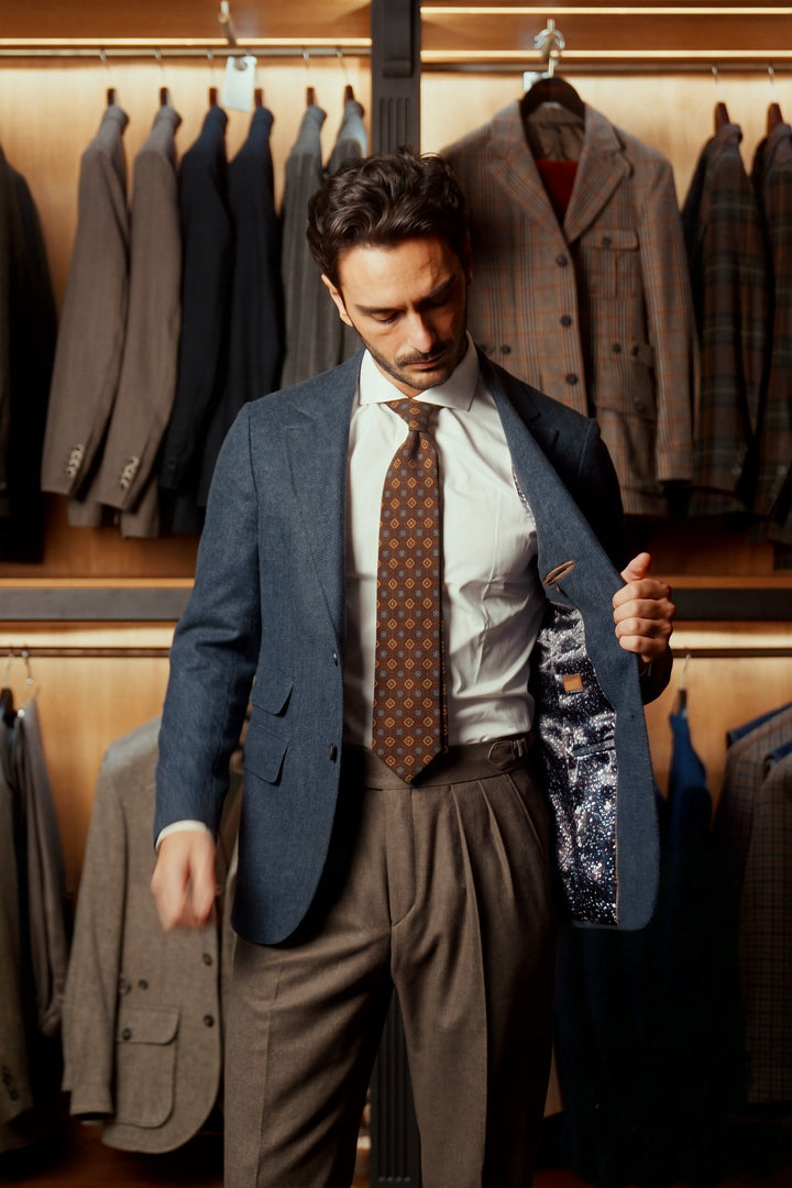 La Turin, navy and sky blue herringbone – worn in the shop