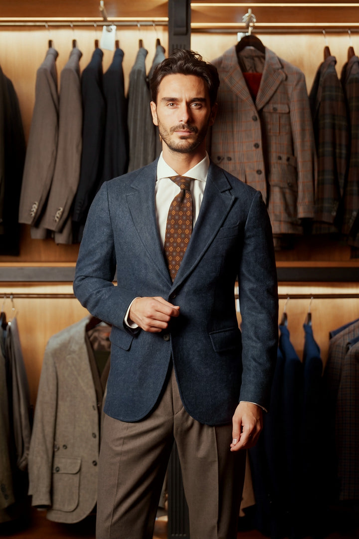 La Turin, navy and sky blue herringbone – worn in the shop