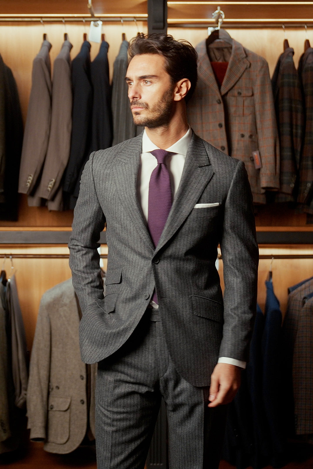 Le Kensington, grey flannel with midnight blue stripes – worn in the shop