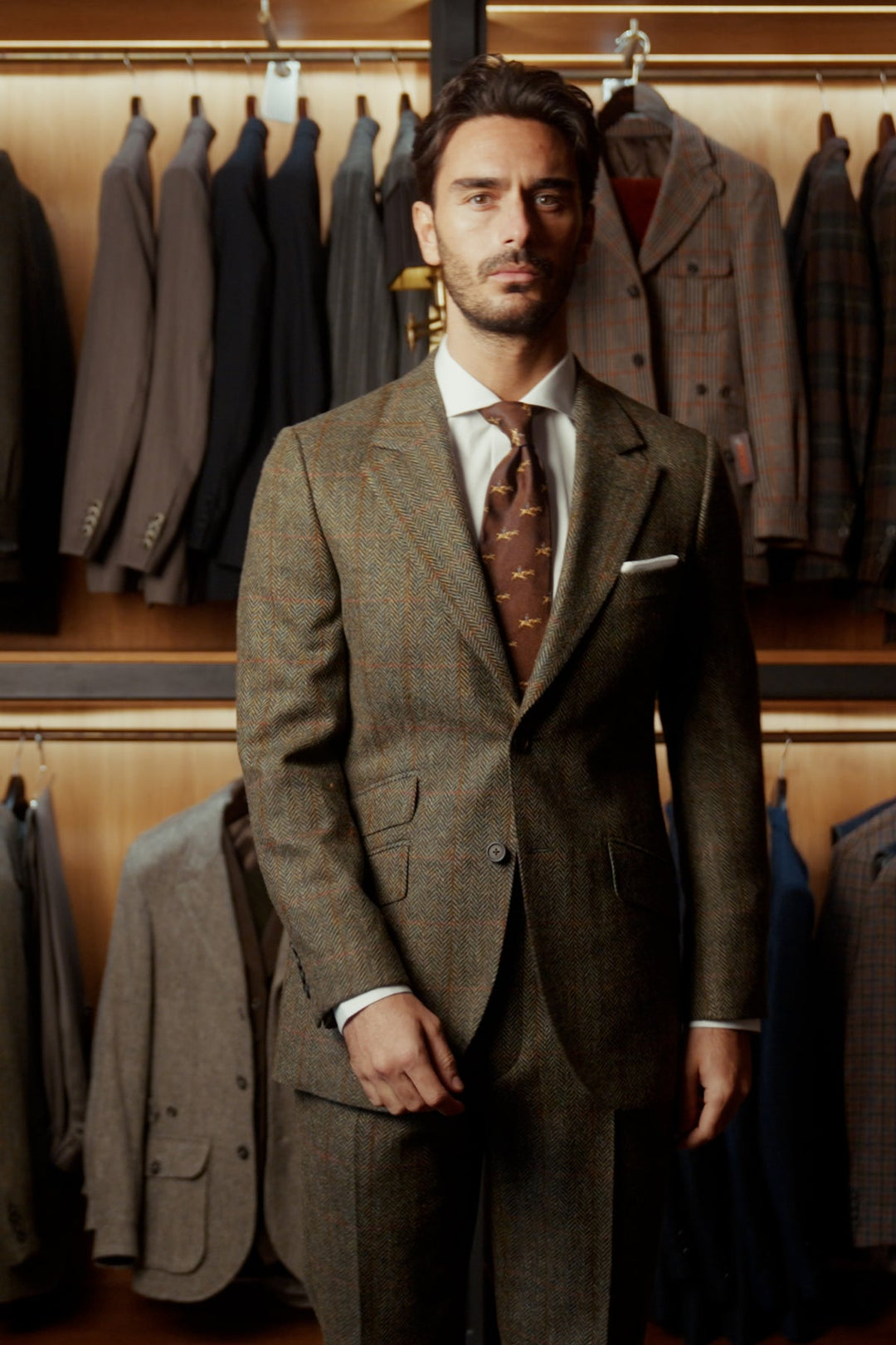 Le Gilet – Tweed Shetland vert et beige (Kensington)