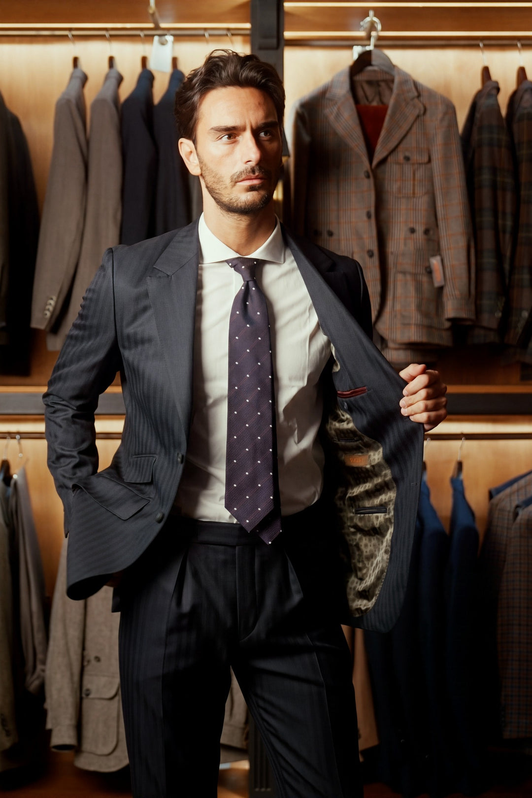 Le Kensington, deep navy herringbone – worn in the shop