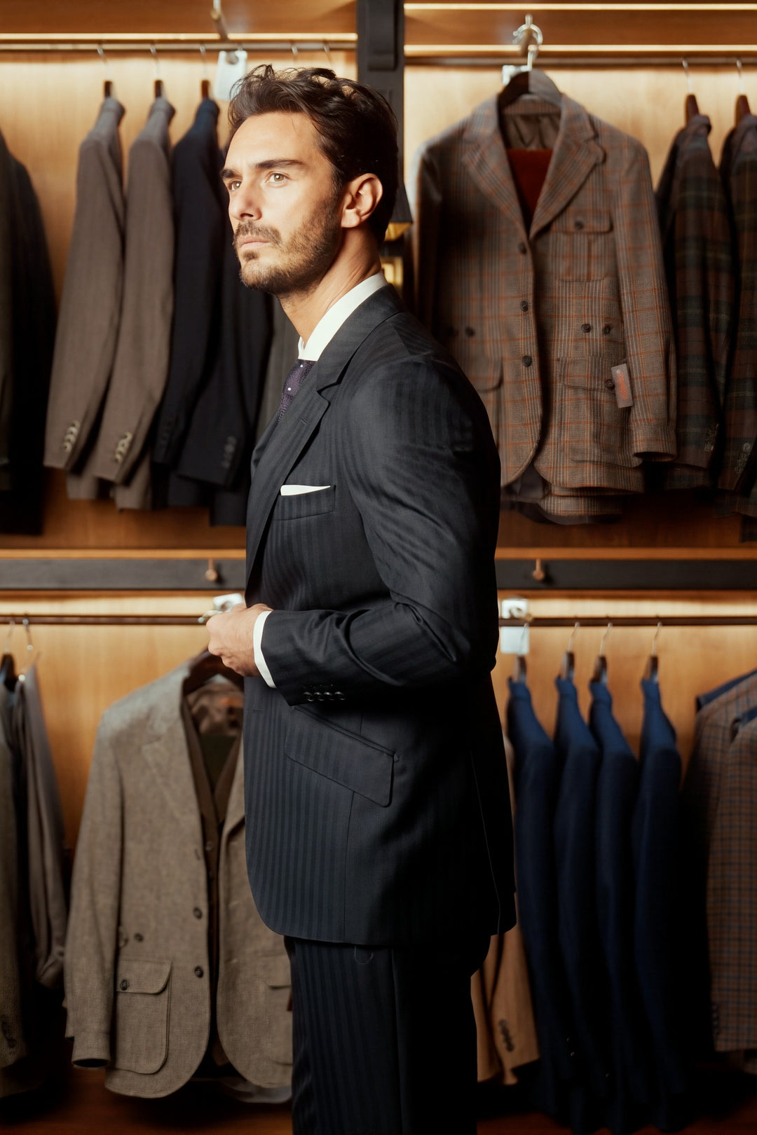 Le Kensington, deep navy herringbone – worn in the shop