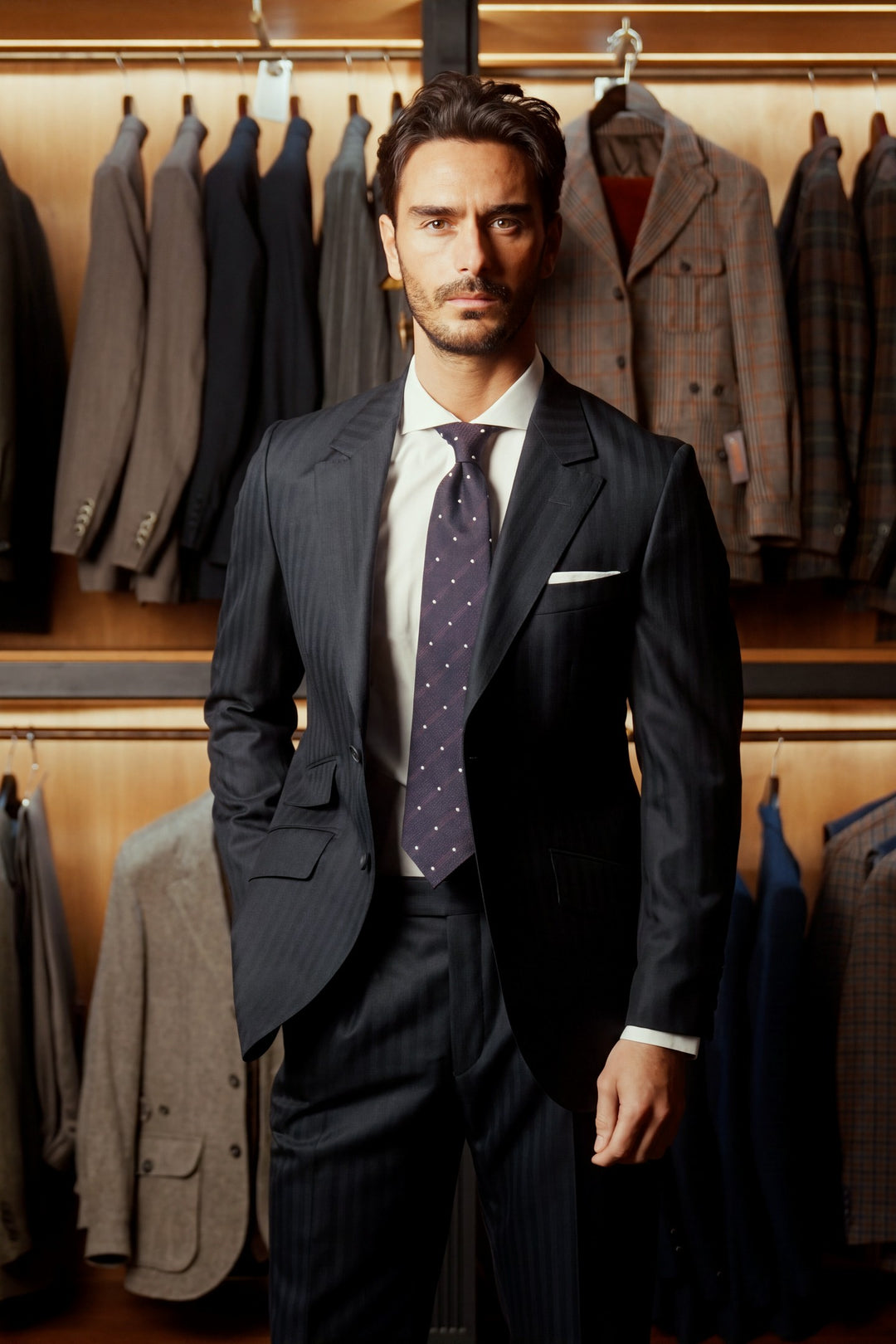 Le Kensington, deep navy herringbone – worn in the shop