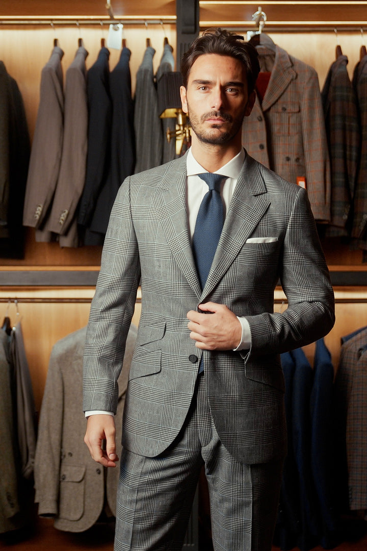 Le Kensington, sublime grey and sky blue Prince of Wales check – worn in the shop