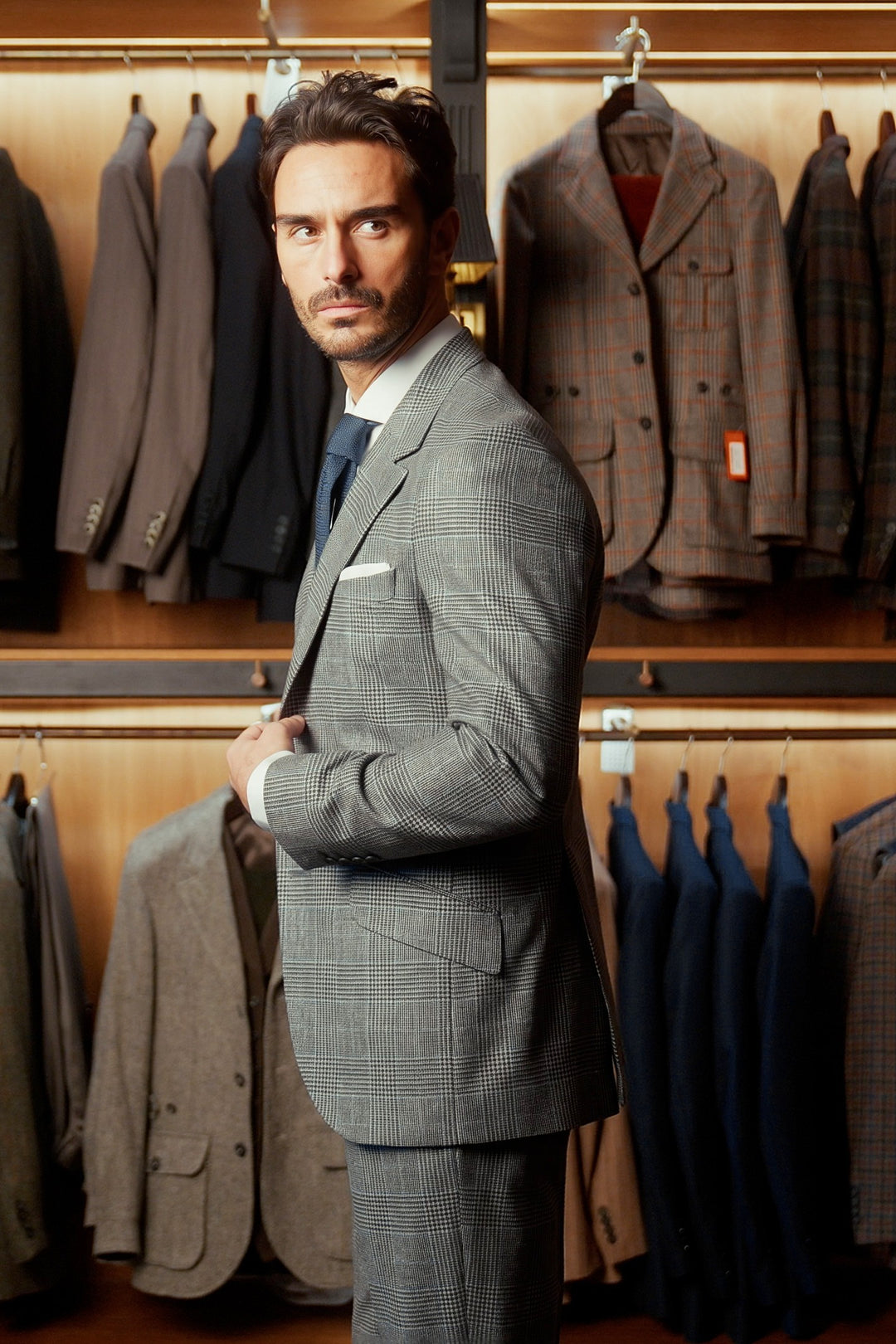 Le Kensington, sublime grey and sky blue Prince of Wales check – worn in the shop
