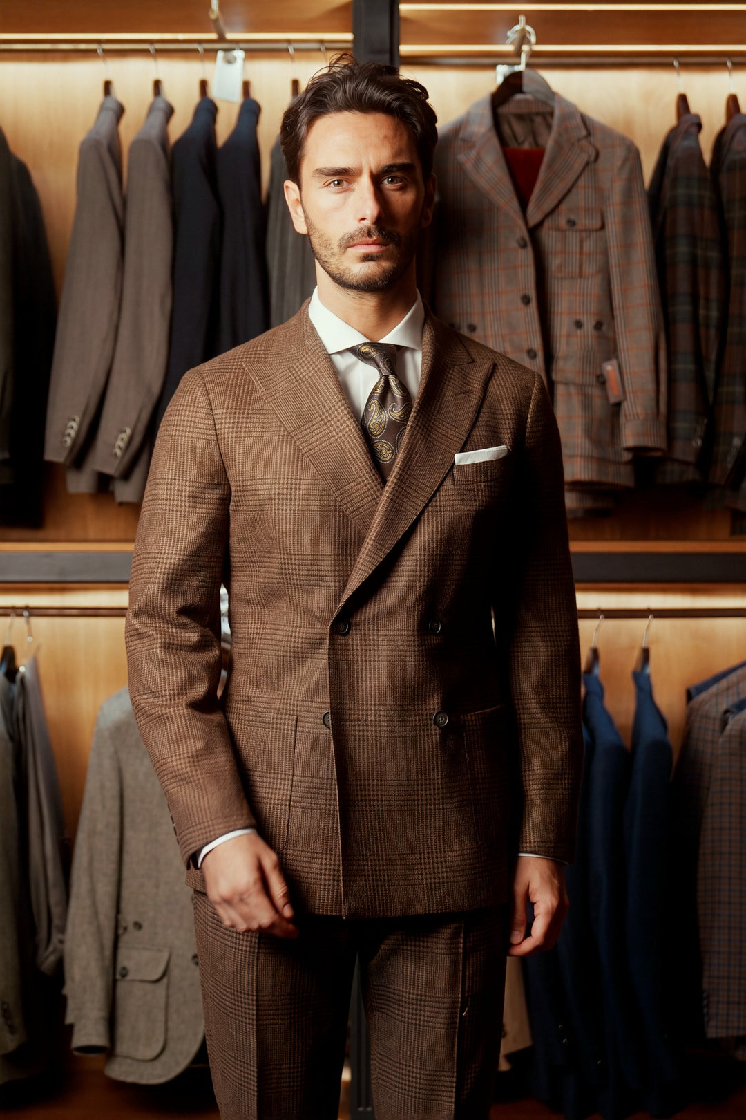 Le Naples, chocolate brown Prince of Wales check – worn in the shop