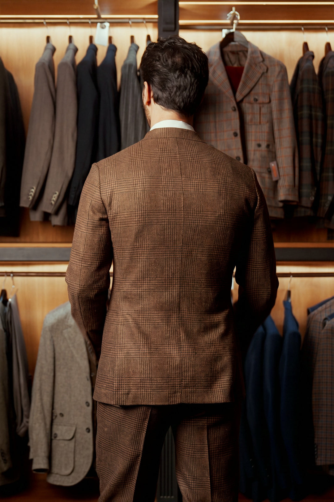 Le Naples, chocolate brown Prince of Wales check – worn in the shop