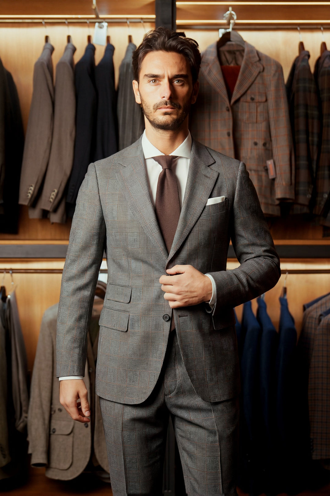 Le Turin, charcoal and burgundy Prince of Wales check – worn in the shop