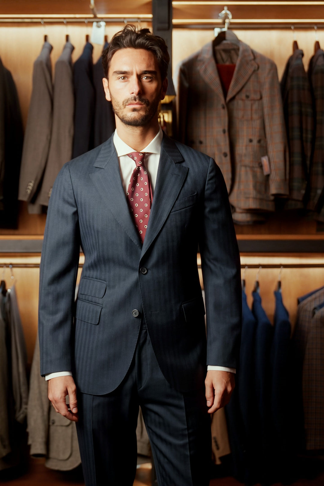 Le Turin, bright navy herringbone – worn in the shop