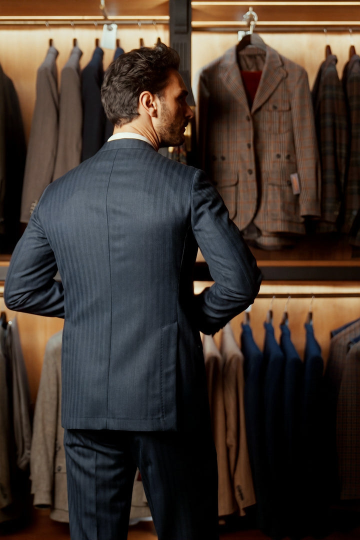 Le Turin, bright navy herringbone – worn in the shop