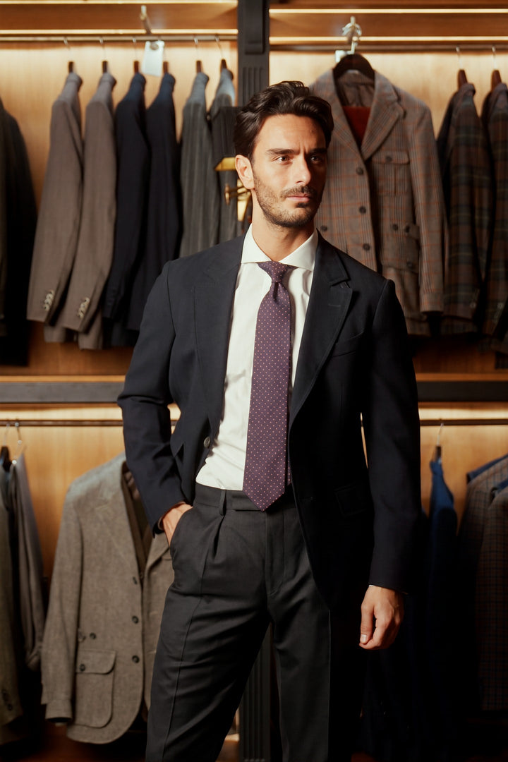 The Classic, charcoal grey wool twill – worn in the shop