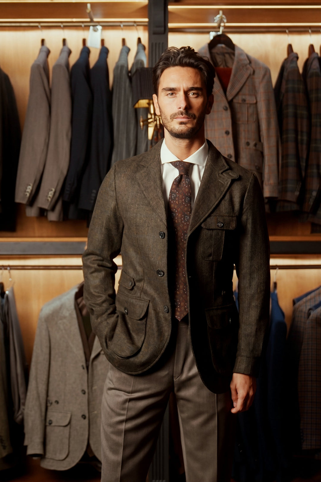 The Classic, beige and brown whipcord – worn in the shop