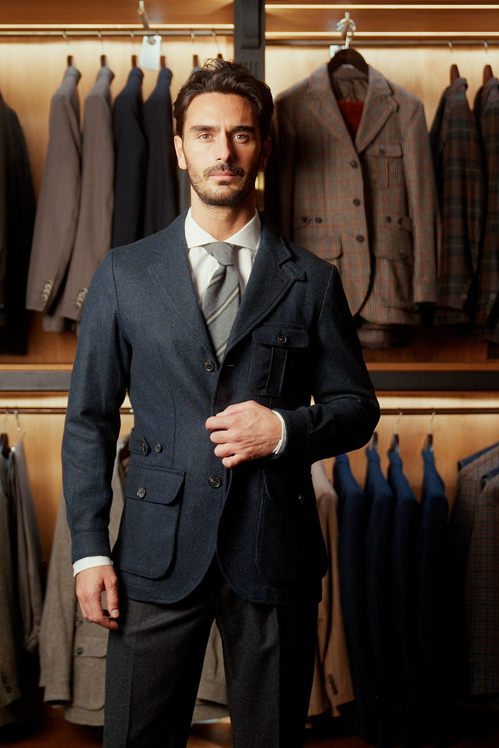 Le Vintage, charcoal grey flannel – worn in the shop