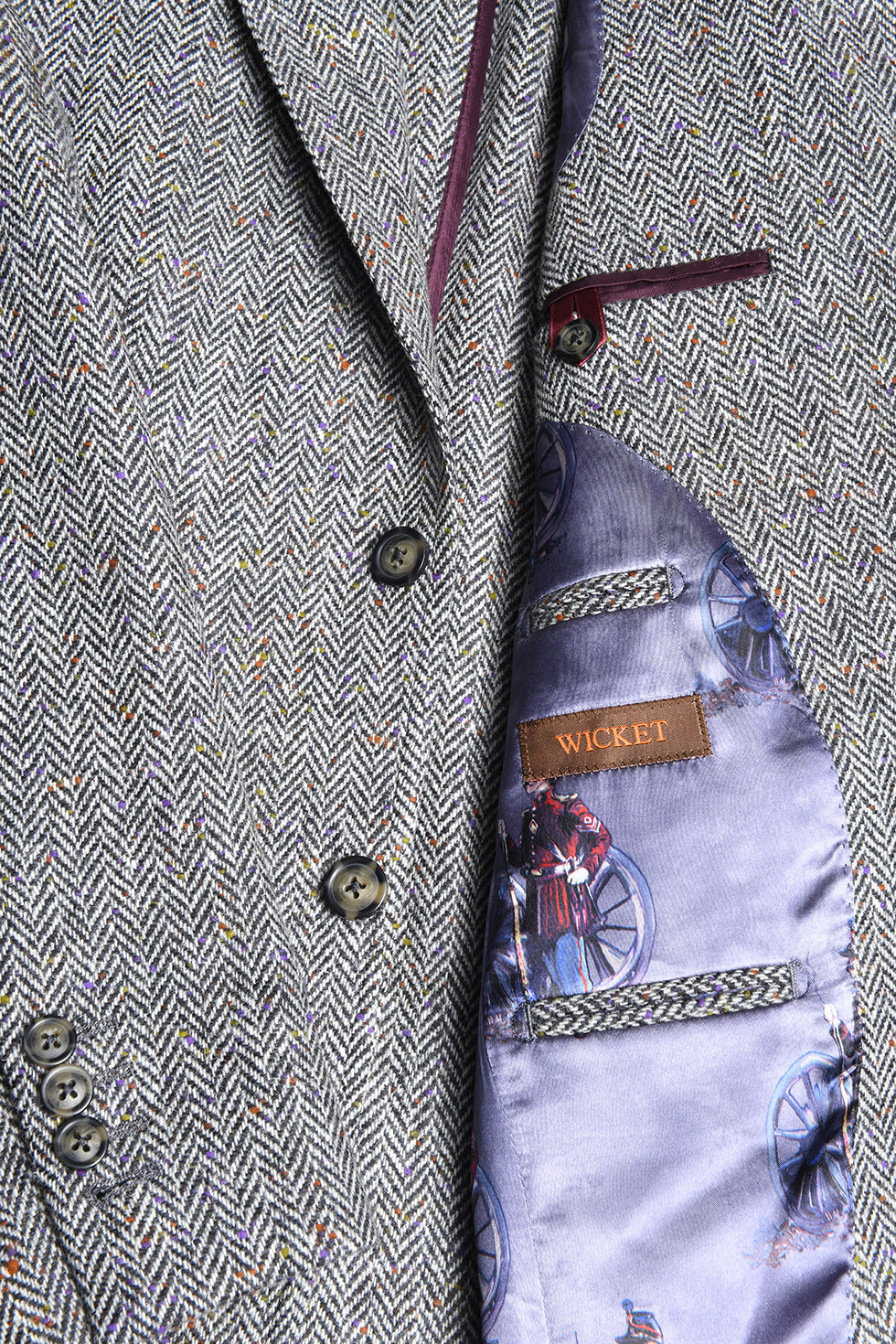 La Kensington – "Donegal" en Laine Vierge (410 gr), Chevron Gris moucheté ocre, violet – WICKET