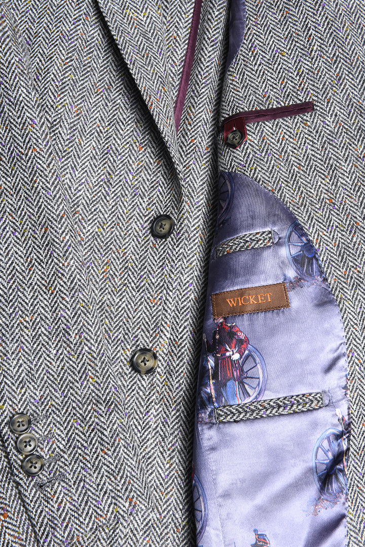 La Kensington – "Donegal" en Laine Vierge (410 gr), Chevron Gris moucheté ocre, violet – WICKET