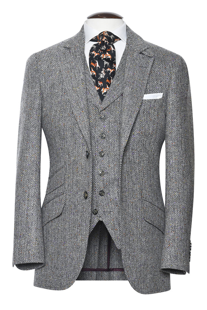 La Kensington – "Donegal" en Laine Vierge (410 gr), Chevron Gris moucheté ocre, violet – WICKET
