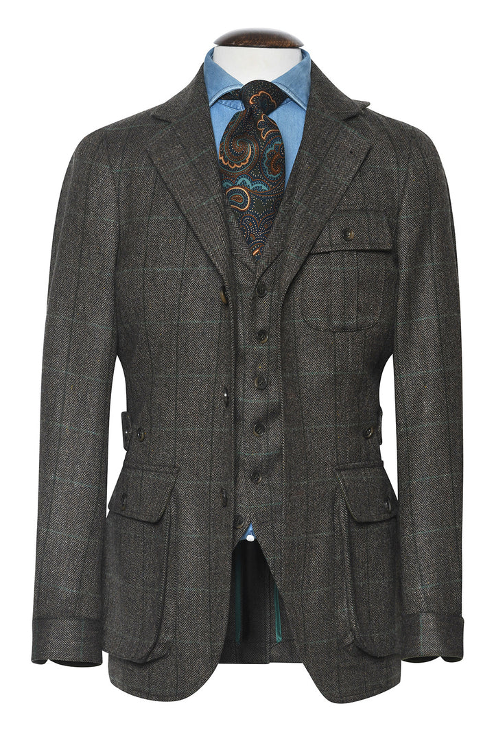 La Saharienne – dit "Soft Tweed", Fond Brun à contre carreaux Vert Sapin &amp; Emeraude – WICKET