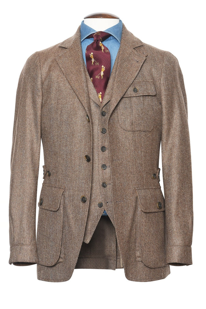 The Safari Jacket – ‘Soft tweed’ herringbone, beige and brown ground, virgin wool (330 g) – WICKET