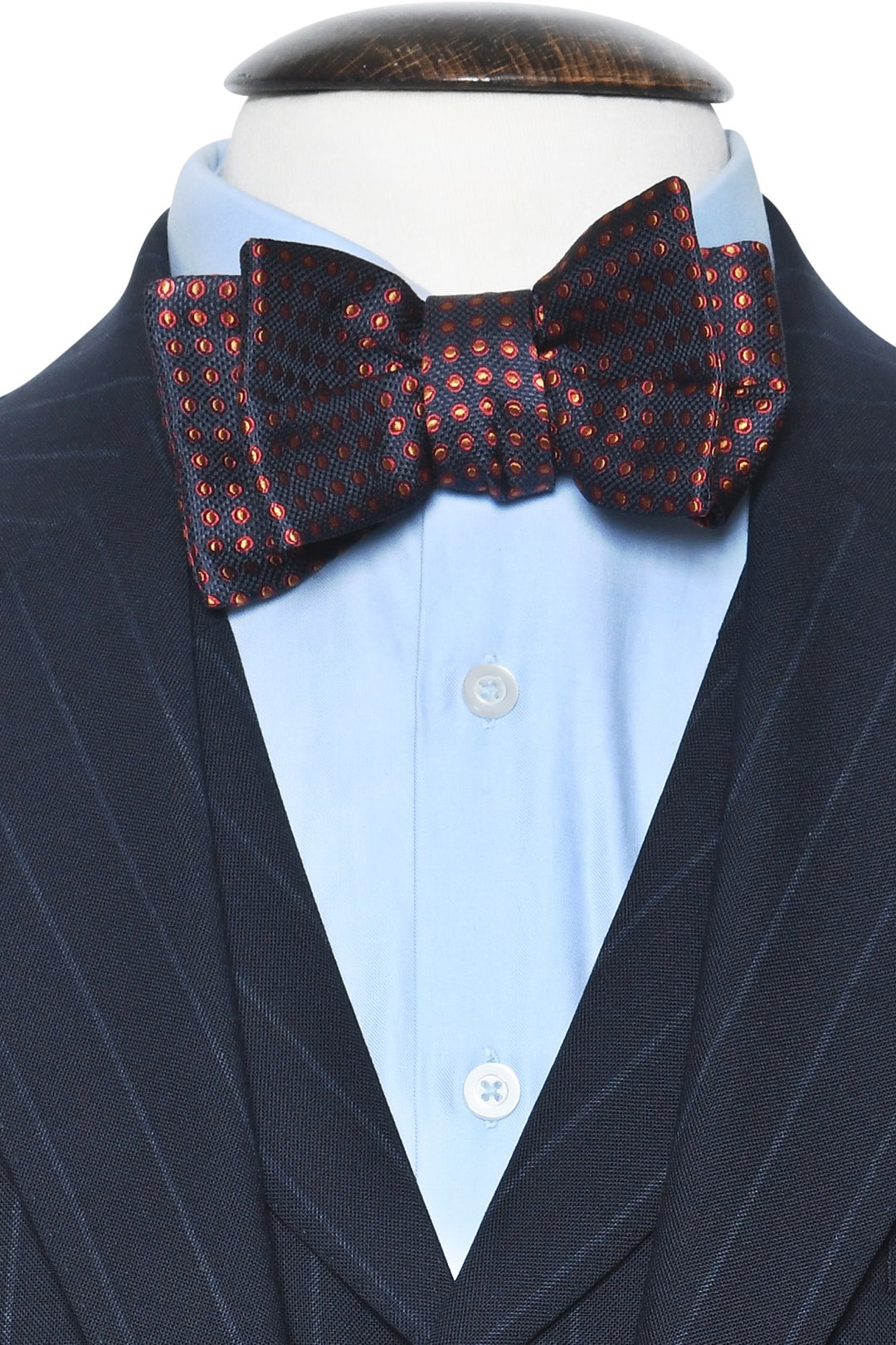 The Bow Tie – Navy silk with red and gold polka dots – WICKET