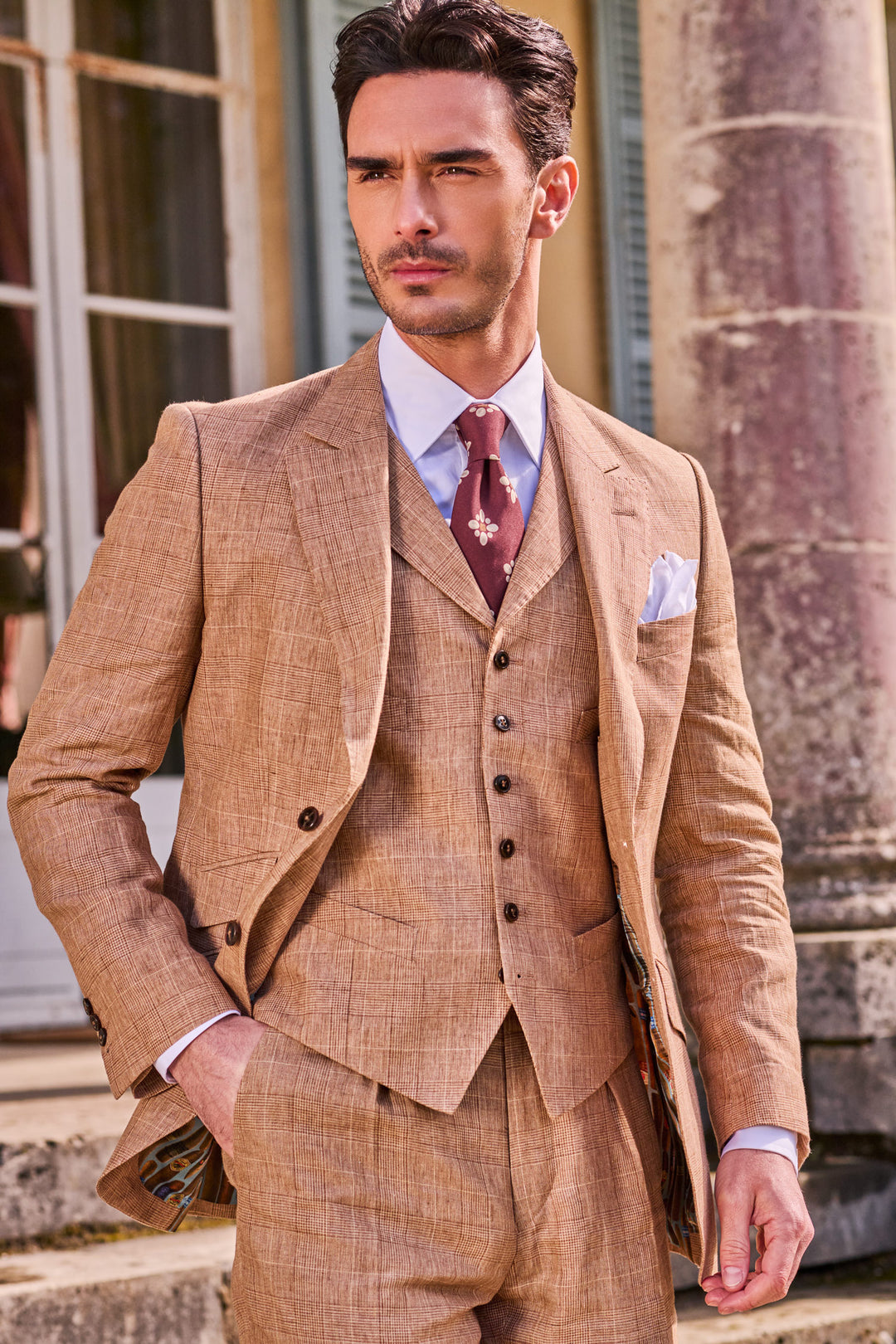 Le Kensington – Beige Prince of Wales check linen – WICKET