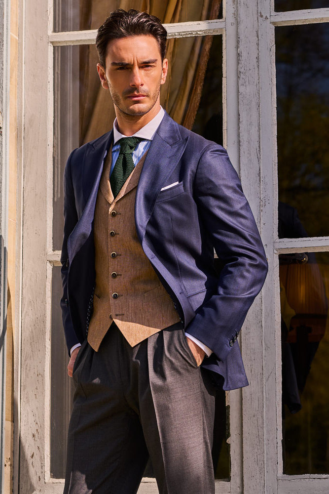 La Downton – Navy herringbone wool and silk – WICKET