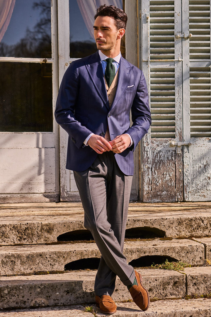 La Downton – Navy herringbone wool and silk – WICKET