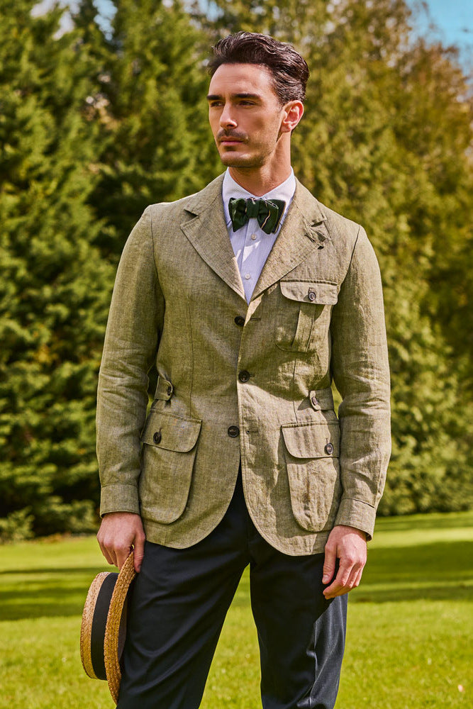 The Safari Jacket – Green and ecru white herringbone linen – WICKET