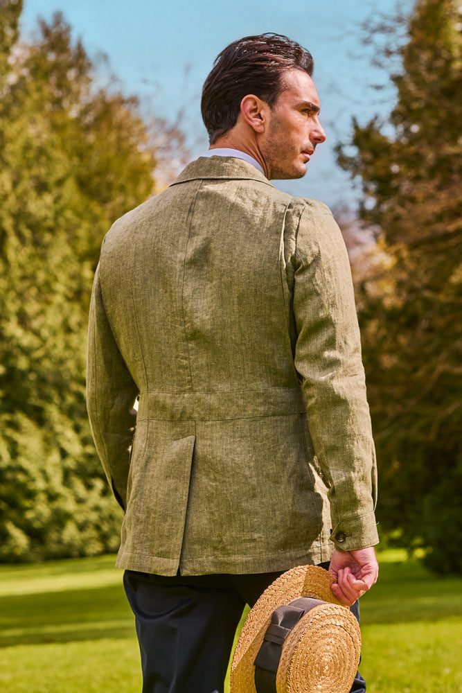 The Safari Jacket – Green and ecru white herringbone linen – WICKET