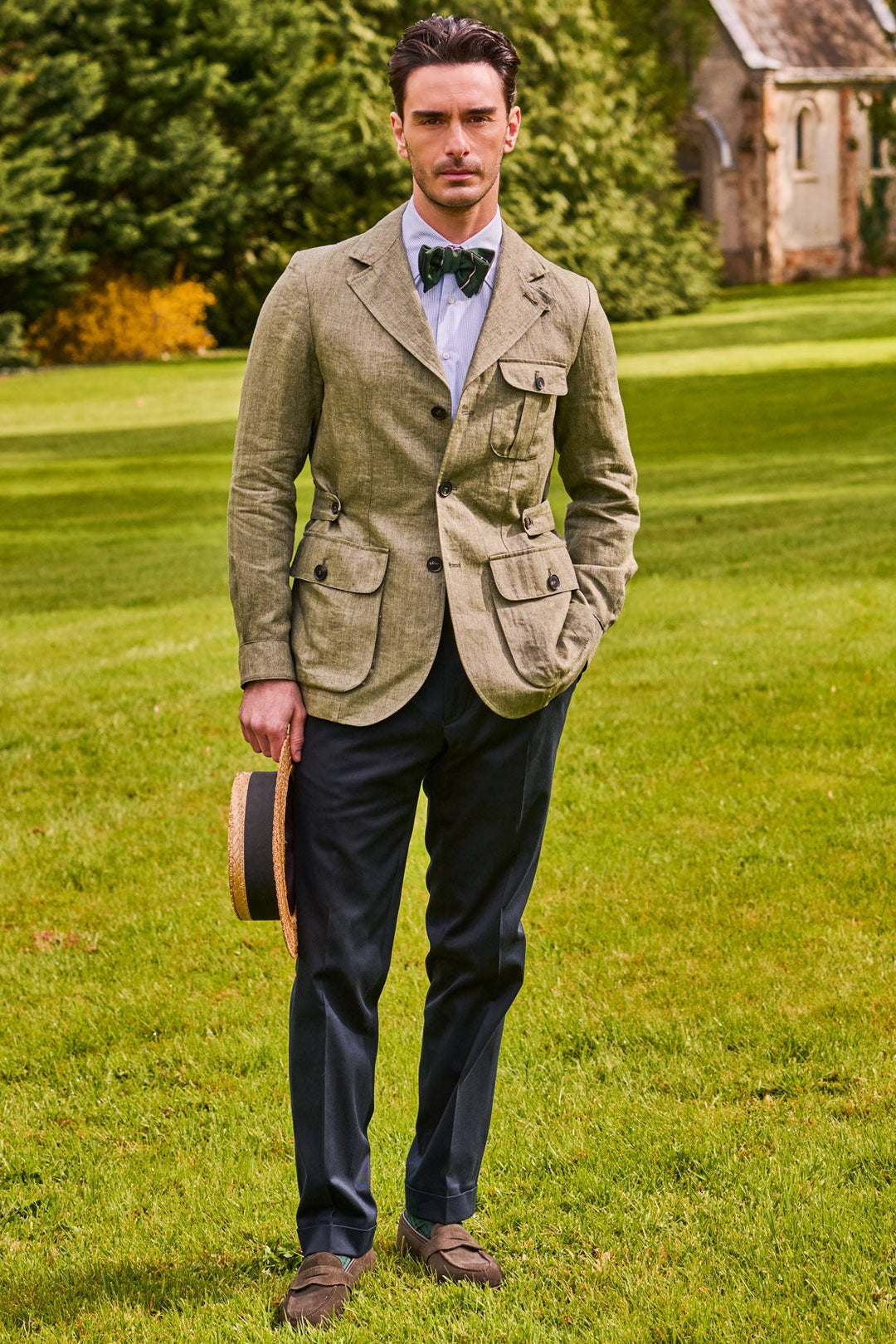 The Safari Jacket – Green and ecru white herringbone linen – WICKET