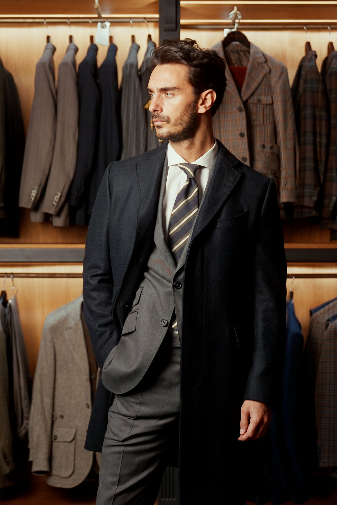 Le Vittorio, navy cashmere and wool – worn in the shop
