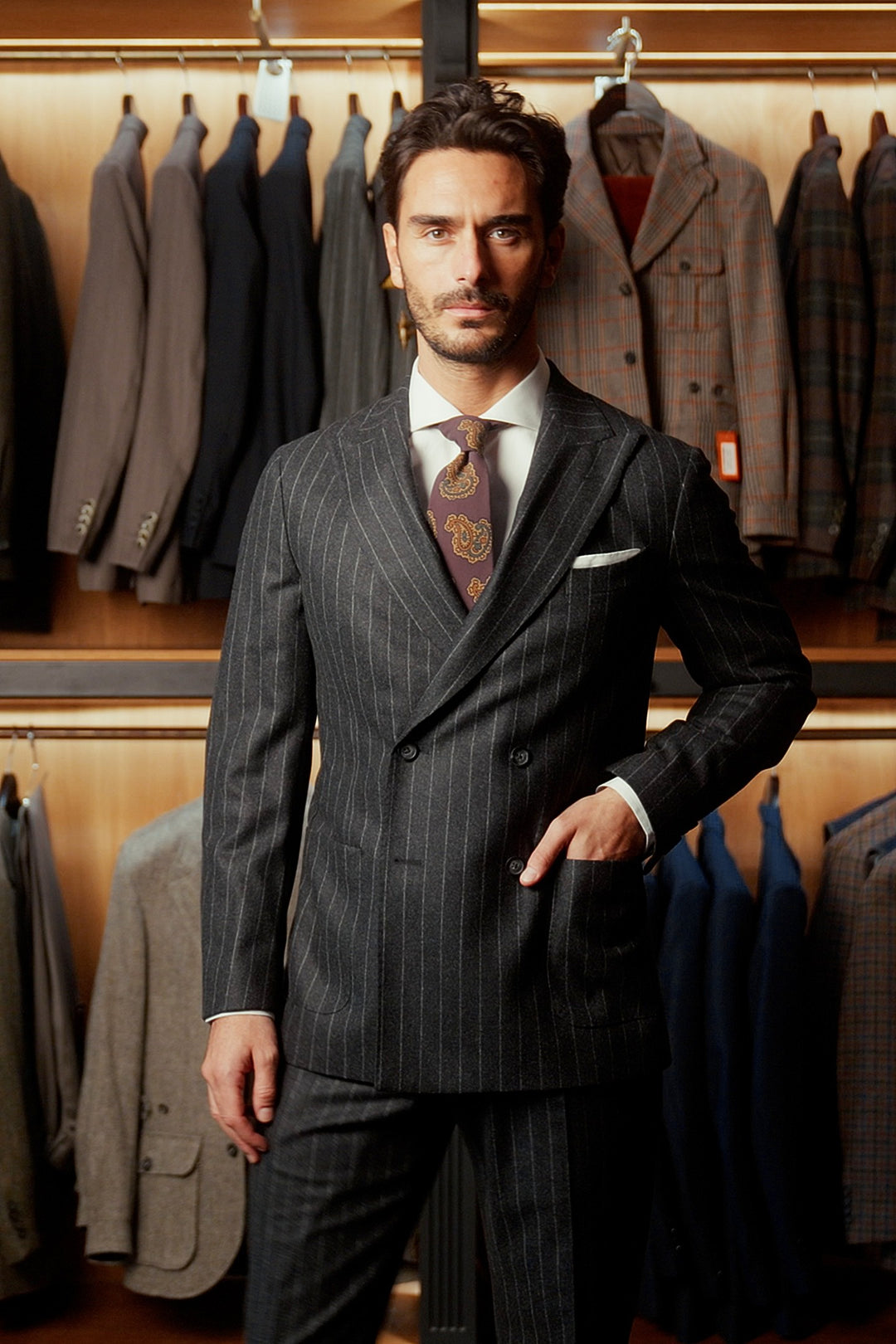 Le Naples, charcoal flannel with tennis stripes – worn in the shop