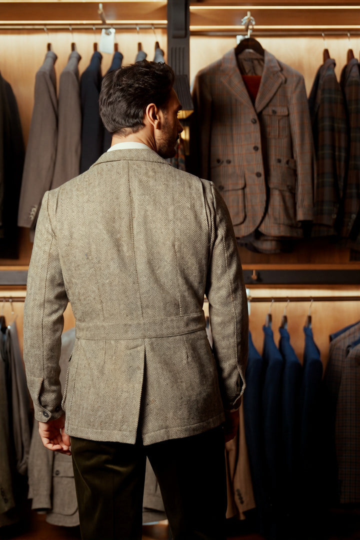 The Safari Jacket, beige and brown Donegal tweed – worn in the shop