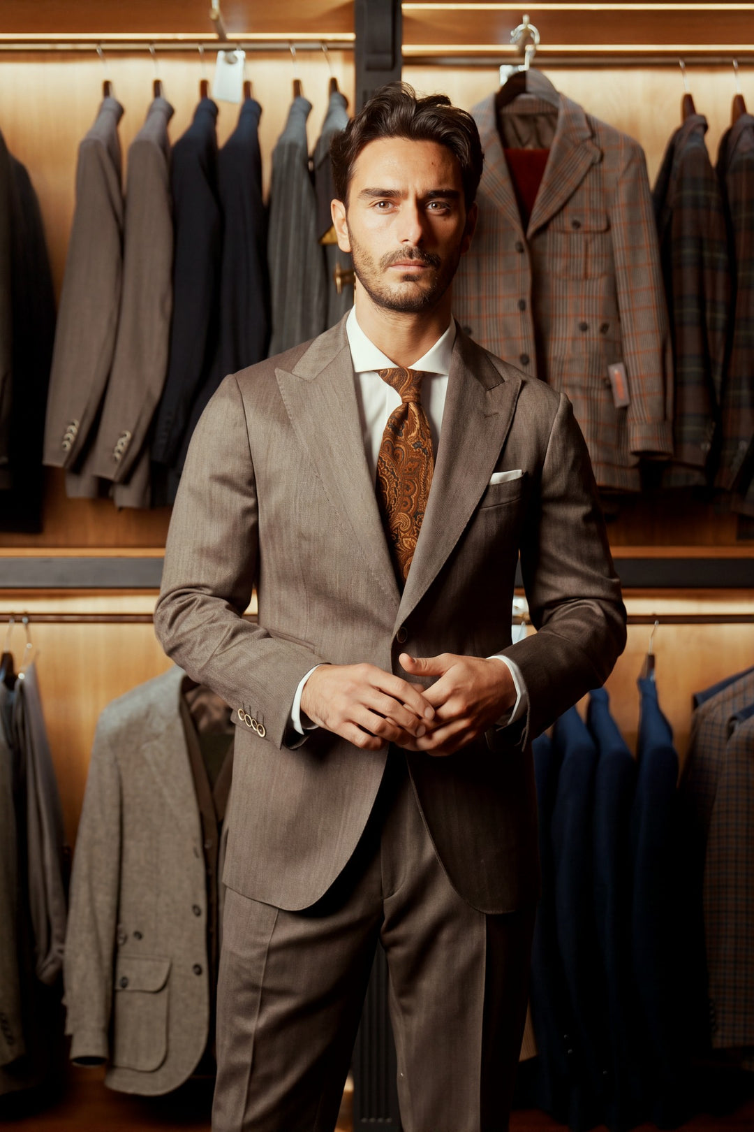 Le Rome, brown and beige herringbone Solaro – worn in the shop