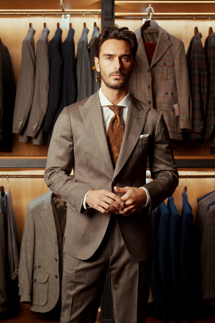 Le Rome, brown and beige herringbone Solaro – worn in the shop