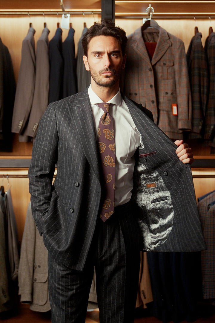 Le Naples, charcoal flannel with tennis stripes – worn in the shop