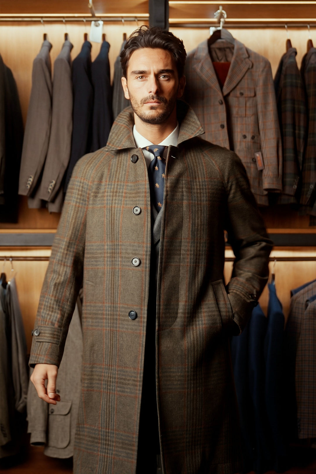 Le Somerset Tweed, green and burgundy Prince of Wales check – worn in the shop