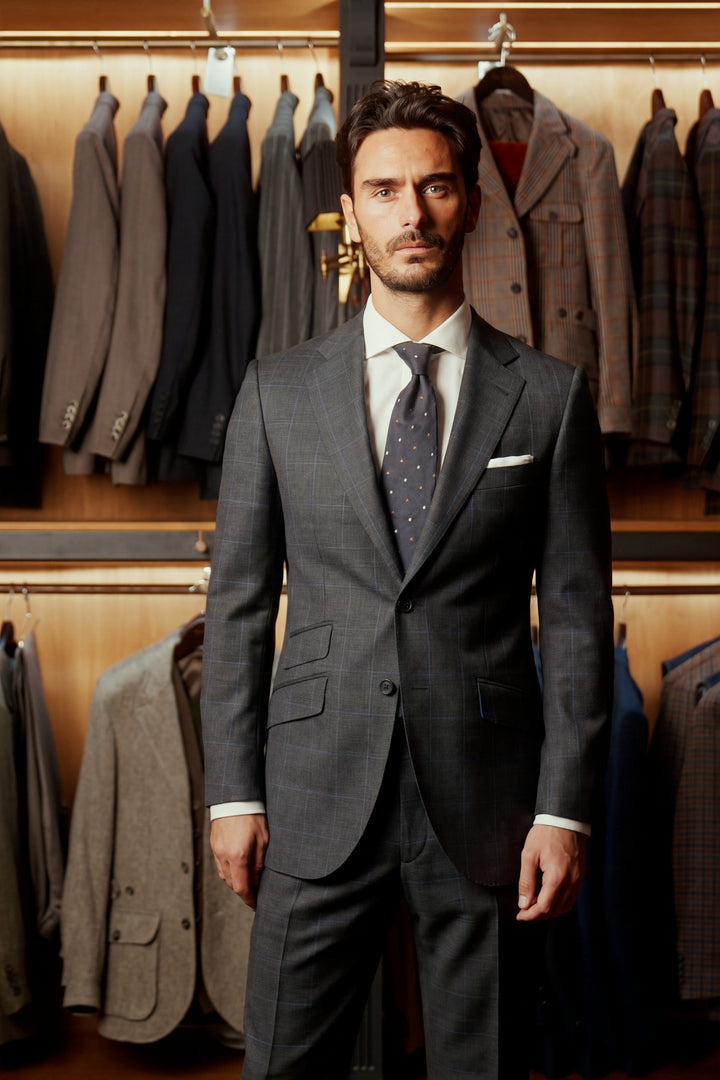 Le Kensington, charcoal and sky blue Prince of Wales check – worn in the shop