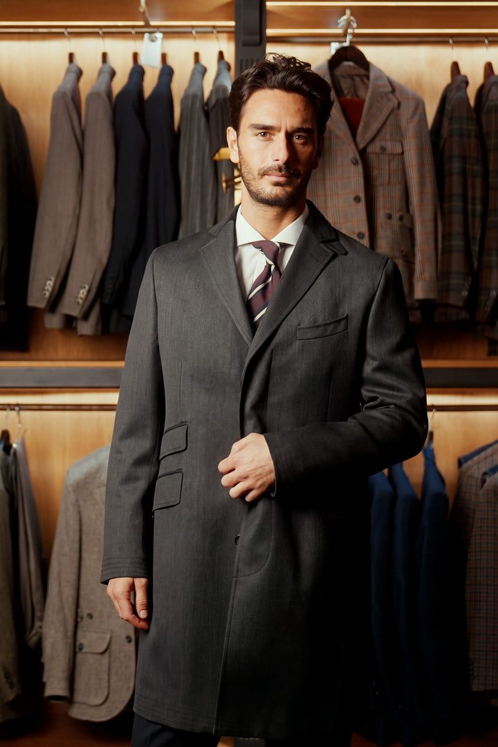 Le Vittorio, charcoal whipcord with a velvet collar – worn in the shop