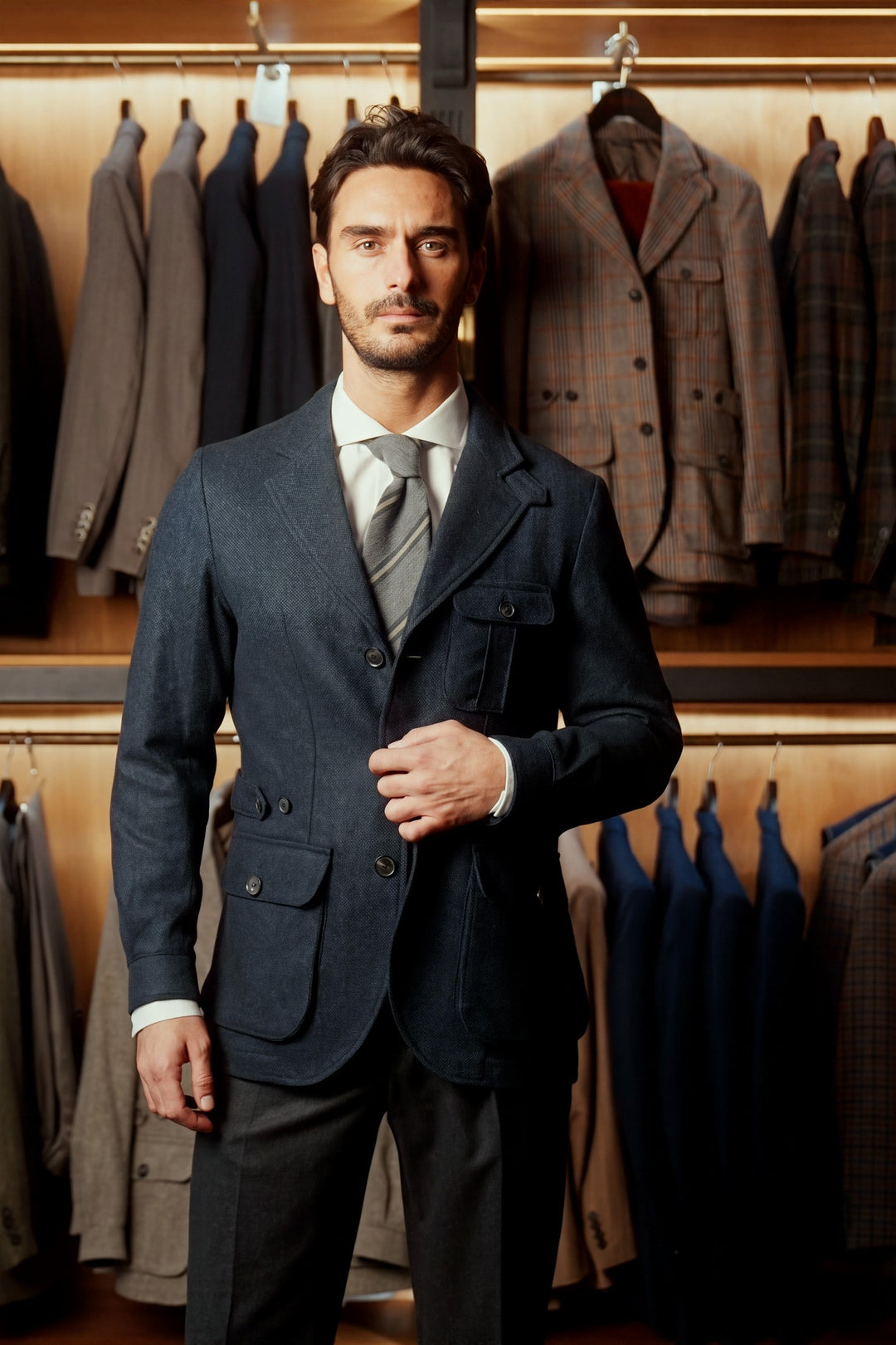 The Safari Jacket, navy lambswool – worn in the shop