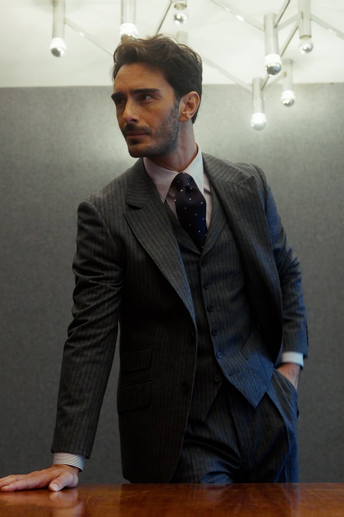 Kensington suit in grey flannel with midnight blue stripes