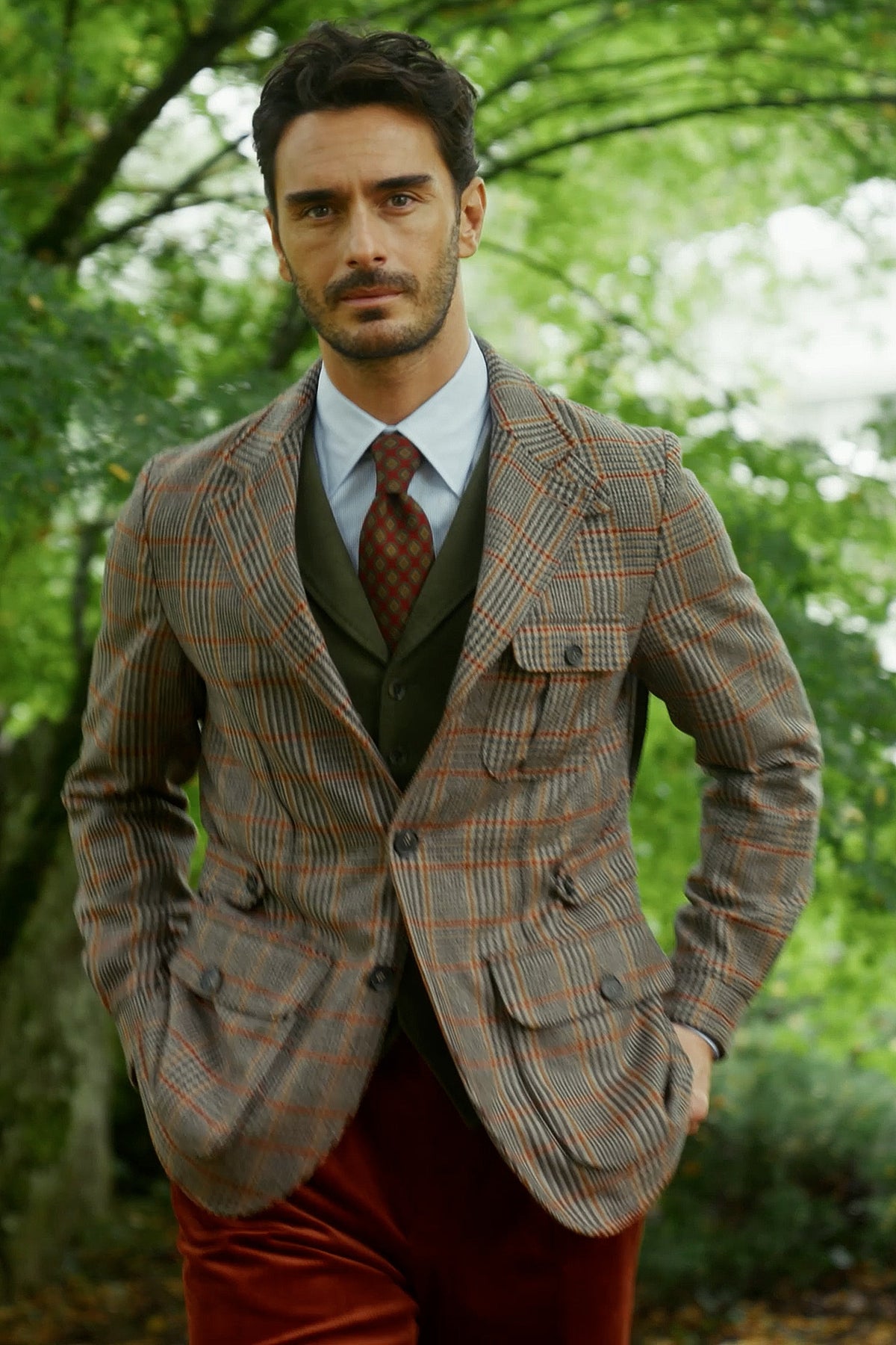 Beige and orange Prince of Wales check safari jacket