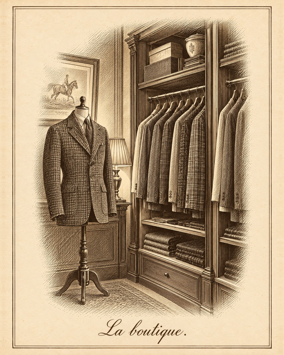 The shop: engraving of a WICKET shop, in the style of a Third Republic plate