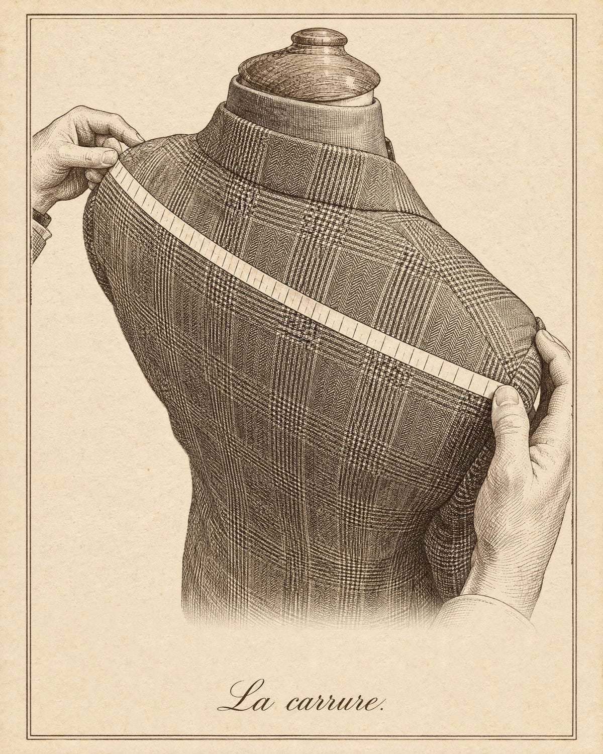 The shoulders: measuring a Prince of Wales check jacket, from one shoulder seam to the other