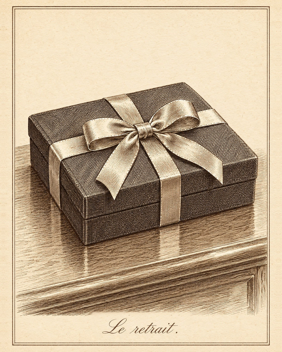 The collection: box tied with a ribbon on the counter